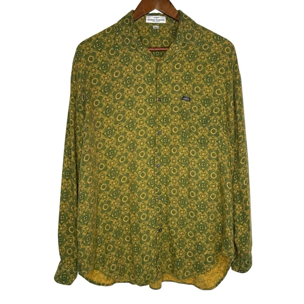 Vintage 80s Guess by Georges Marciano Rayon Shirt Made in Korea Green S/M‎ Rare